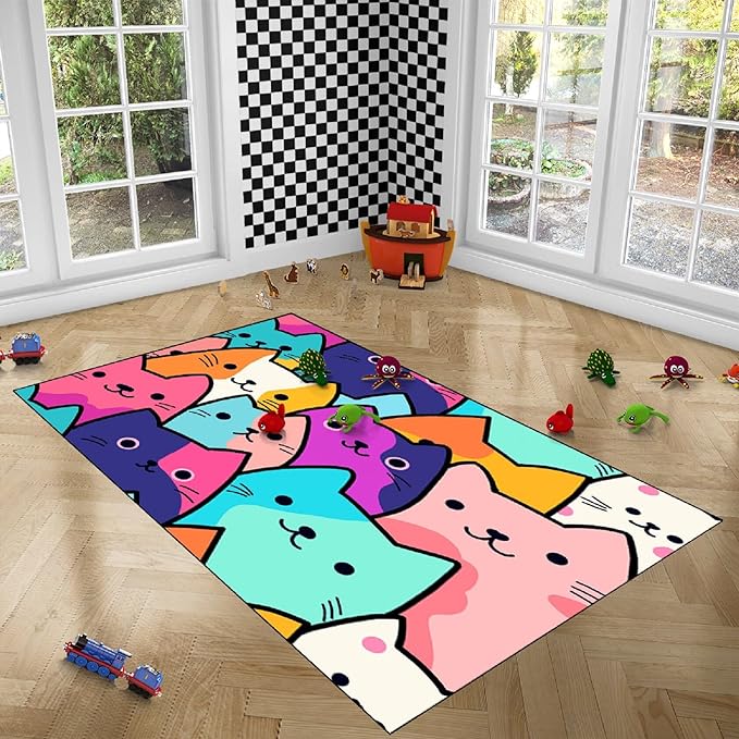 Cat Rug for Girls Bedroom - Cat Area Rug Cartoon Cat Rug Carpet for Kids Room Cute Cat Rugs Room Decor Colorful Anime Rug with Cat Printed, 4.5x6 Feet
