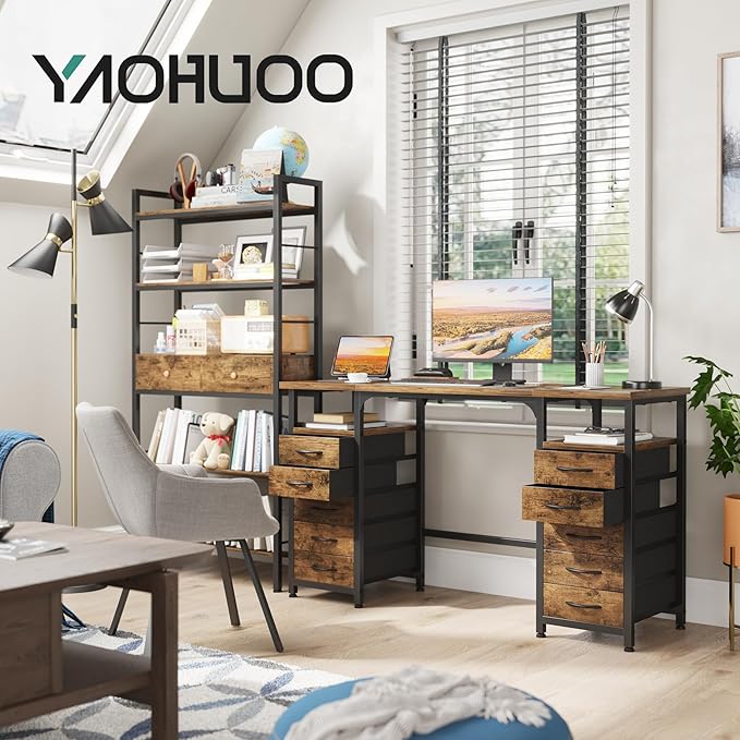 Desk with 10 Fabric Drawers Classified Organizer - 55"/140 Office Desks with Ample Storage, Computer Work Desk Study Writing Table Workstation for Home Office Space Brown