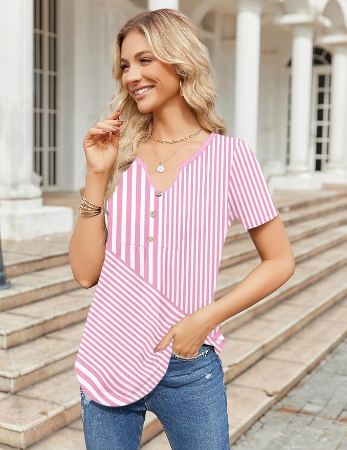 Zeagoo Womens Short Sleeve Tops Summer Henley V-Neck Tshirts Casual Pleated Blouse Dressy Loose Floral Basic Tee