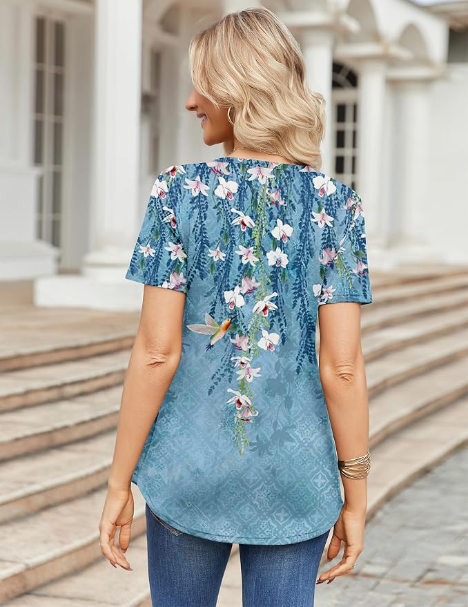 Zeagoo Womens Short Sleeve Tops Summer Henley V-Neck Tshirts Casual Pleated Blouse Dressy Loose Floral Basic Tee