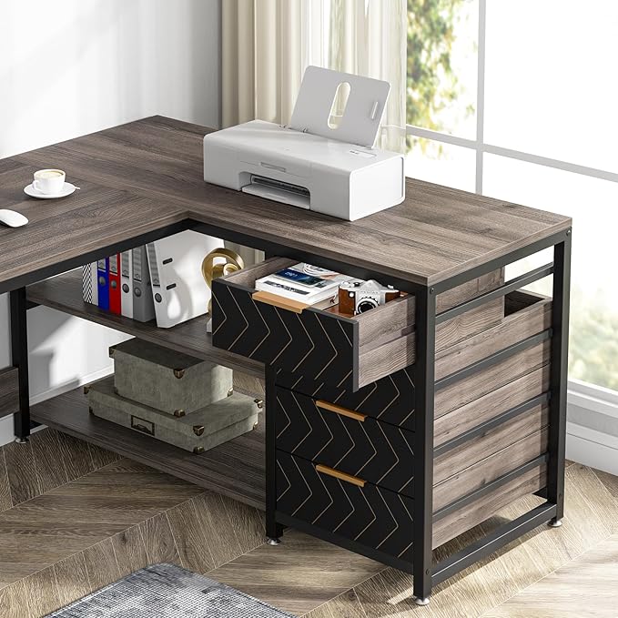 59-Inch L Shaped Desk with Drawers, Large Computer Desk with Storage Shelves, Reversible L-Shaped Corner Desk Workstation for Home Office