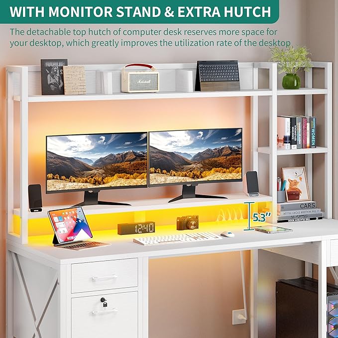 YITAHOME Computer Desk with Drawers & Power Outlets, File Drawers with Lock, 59" Home Office Desk with Storage Shelves & Monitor Stand, Gaming Desk with LED Lights & Hutch, White