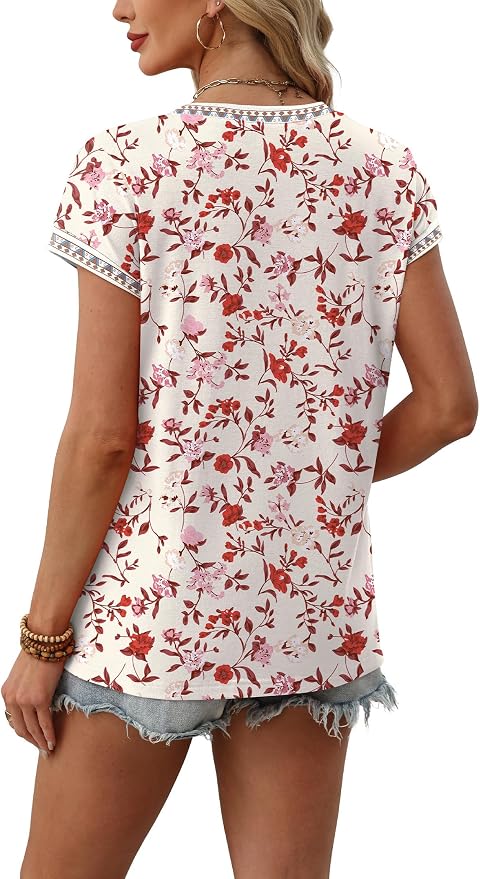 WIHOLL Womens Summer Tops 2026 Cap Short Sleeve Shirs V Neck T Shirts Fashion Beach Vacation Clothes Color Block