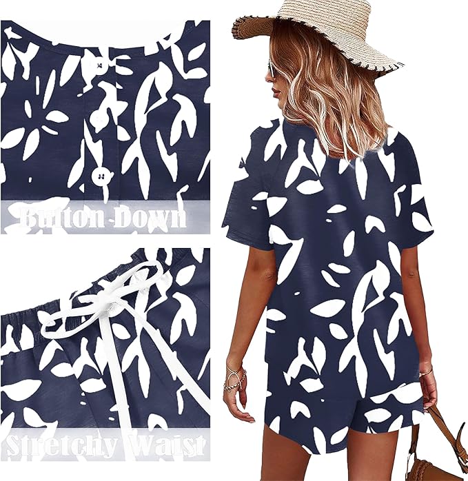 WIHOLL Two Piece Outfits for Women Lounge Sets Button Down Top and Shorts Set Sweatsuits with Pockets