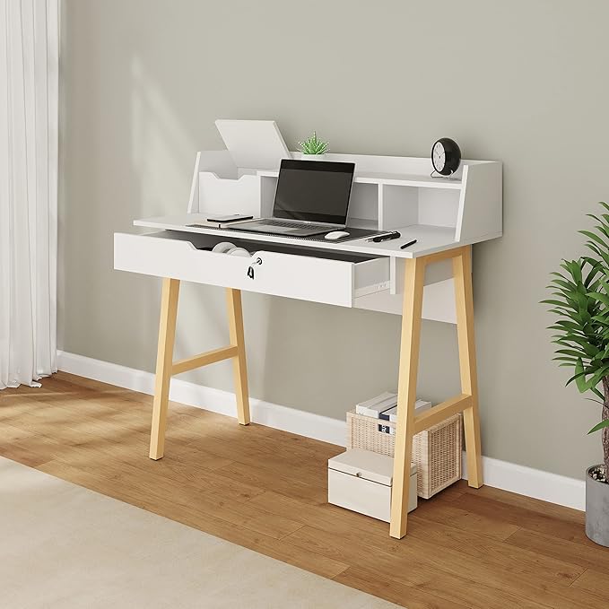 Roma Writing Desk - Elegant Wood Study Desk With Storage, Cable Holes & Drawers - Work Table for Home, Office, Dorm, Small Spaces - Compact Black Desk, 40x19x36.9” (white)