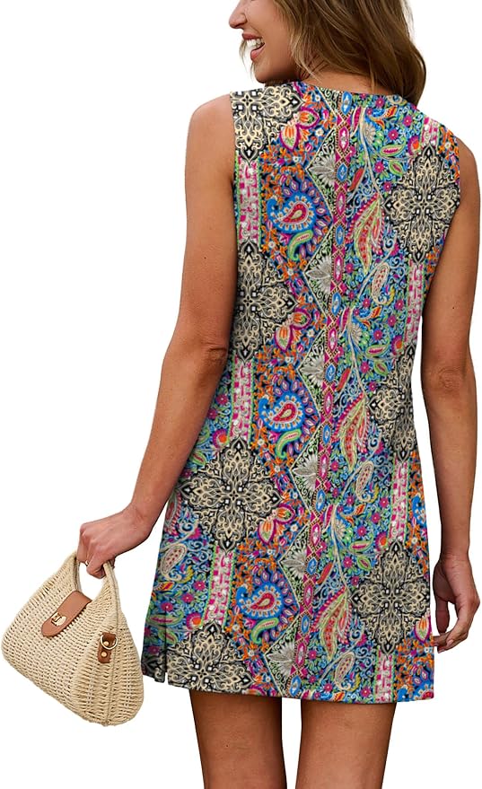 WIHOLL Casual Dresses for Women Crewneck Sleeveless Tank Dress Summer Spring Boho Vacation Clothes