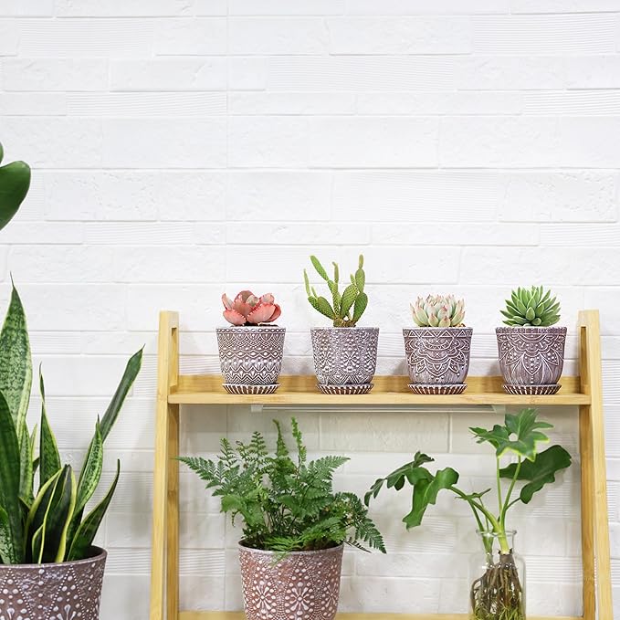 Gepege Succulent Pots, 4 Inch Small Indoor Ceramic Planter Pot with Drainage Holes and Saucers for Plants - Set of 4