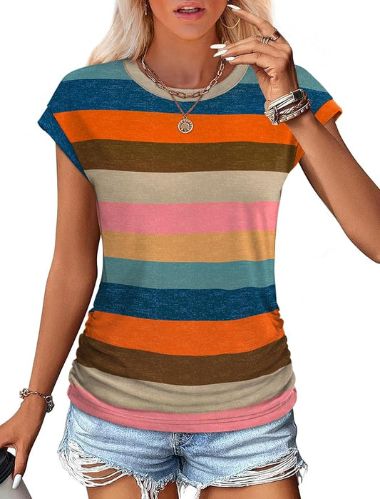 Sampeel Womens Summer Tops Trendy 2026 Ruched Cap Short Sleeve Tshirts Shirts Crew Neck T Shirts Fashion