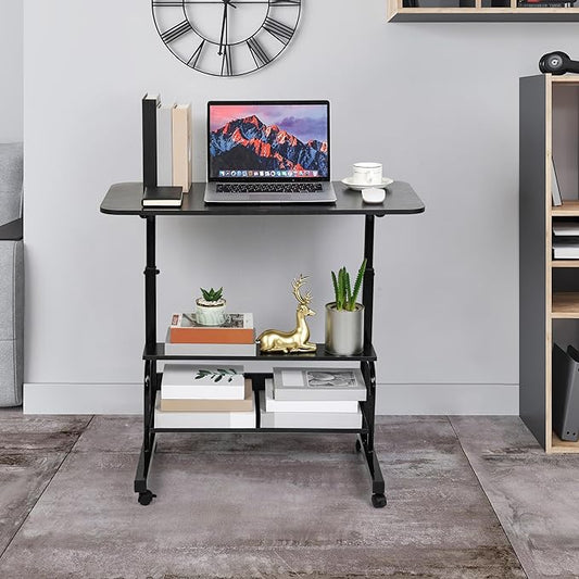 Adjustable Mobile Laptop Desk Portable Detachable Wheels Home Office Desk Height, Bedside Table Additional Storage Rack Small Spaces Veranda Office Desk Size 15.7 * 31.5 Inch Black