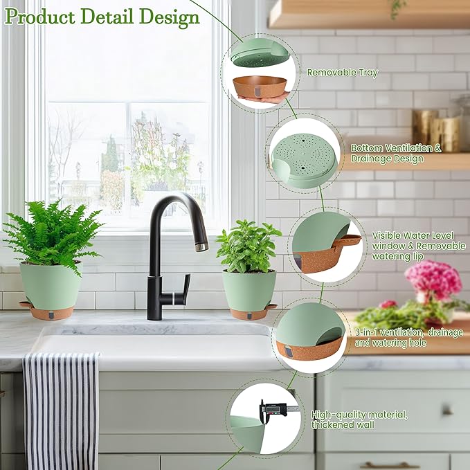 Self Watering Pots for Inoor Ourdoor Plants 8/7/6.5/6/5 Inch Plastic Planters with Drainage Holes & Water Level Indicator, Decorative House Flower Nursery Planting Pots with Saucers(Green)