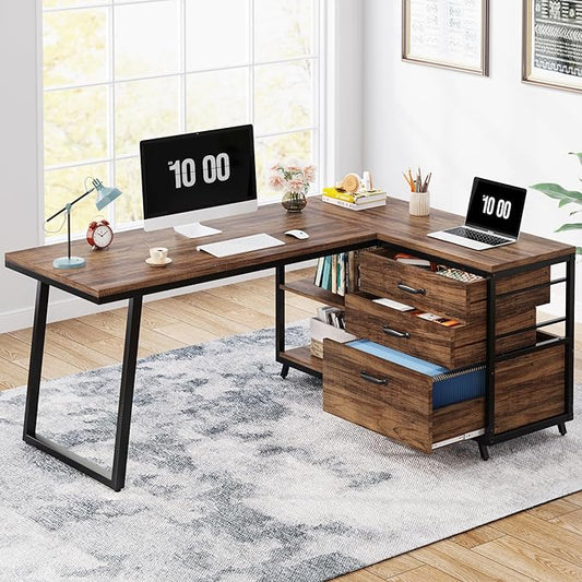 Reversible 53-inch L Shaped Desk with 3 Drawer, Farmhouse Corner Desk Gaming Table with Shelves and File Cabinet for Letter Size & Legal Size File for Home Office and Small Space