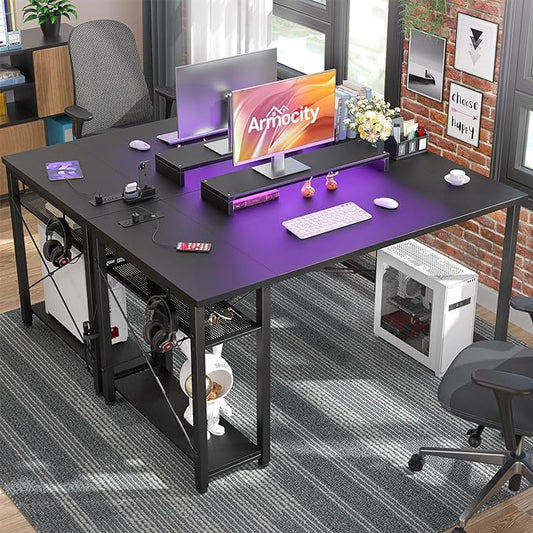 armocity 47 Gaming Computer Desk with LED Lights, Power Outlet and USB, Reversible Laptop Table with Moveable Monitor Stand for Small Spaces, Office, Gaming Room, Black