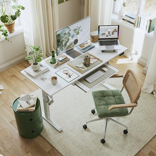 Height Adjustable Desk with Keyboard Tray, 48 x 24 Inches Electric Standing Desk, Stand up Computer Table with Memory Preset, Modern Lift Motorized Gaming Workstation, White
