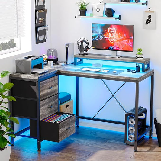 L Shaped Desk with Power Outlets & LED Lights, Computer Desk with Drawers & Shelves, Corner Desk Gaming Desk Home Office Desk, Oak