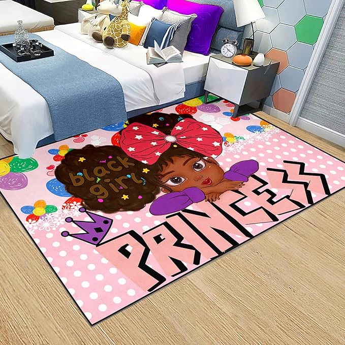 African American Black Girl Rugs for Bedroom Black Girl Area Rug Princess Room Decor for Girls Bedroom Teen Room Decor for Girls Bedroom Black Girls Kids Room Decor for Girls, Pink, 4'5'' × 6'