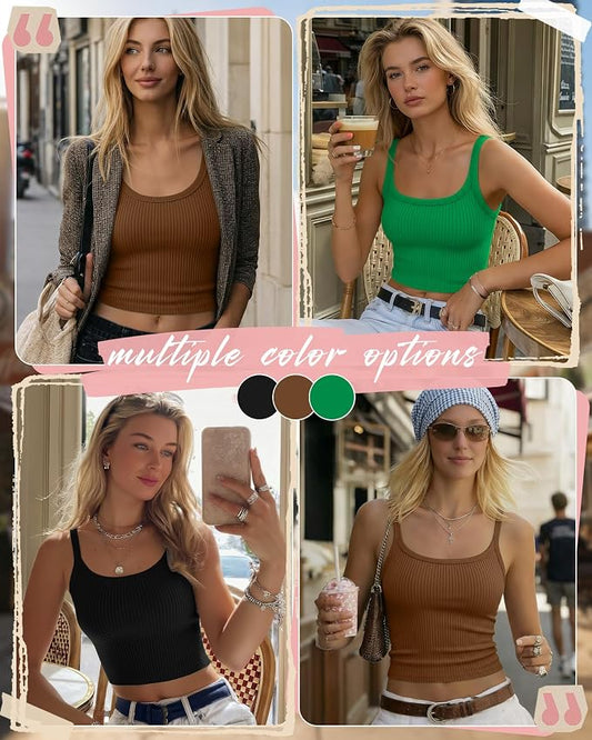 Ficerd 3 Pack Women's Tank Tops 95% Cotton Spaghetti Strap Ribbed Crop Camisole Slim Fitted Basic Summer Sleeveless Layer