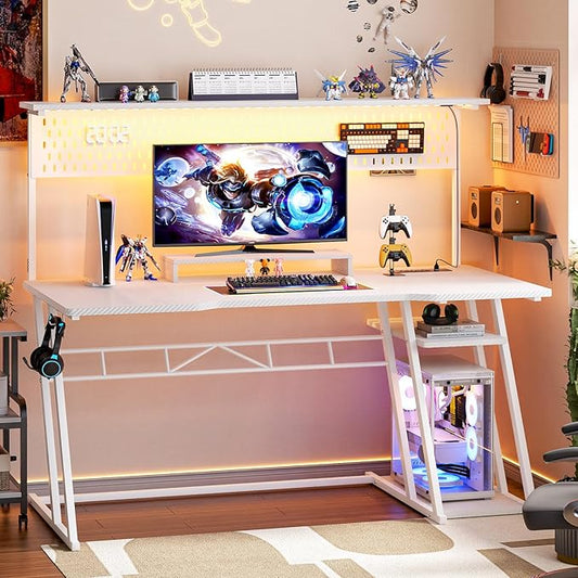 55'' White Gaming Desk with Hutch and LED Lights, Gaming Computer Desk with Storage Shelves & Z-Shaped Legs, Reversible PC Gaming Desk with Pegboard, Ergonomic Desk for Bedroom, Carbon Fiber Surface