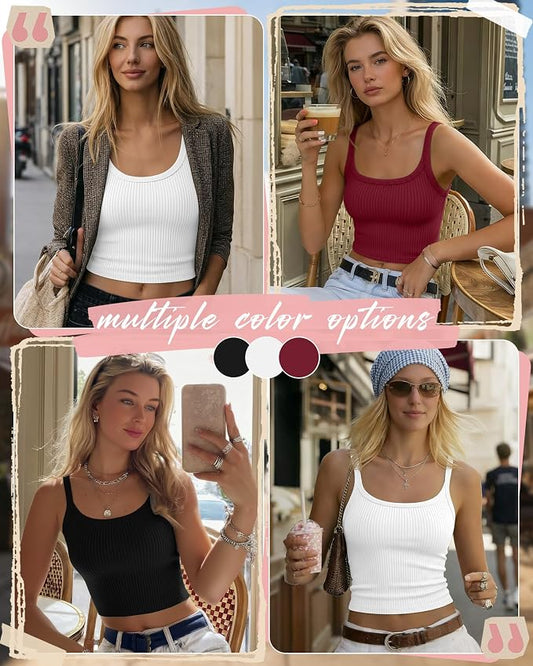 Ficerd 3 Pack Women's Tank Tops 95% Cotton Spaghetti Strap Ribbed Crop Camisole Slim Fitted Basic Summer Sleeveless Layer