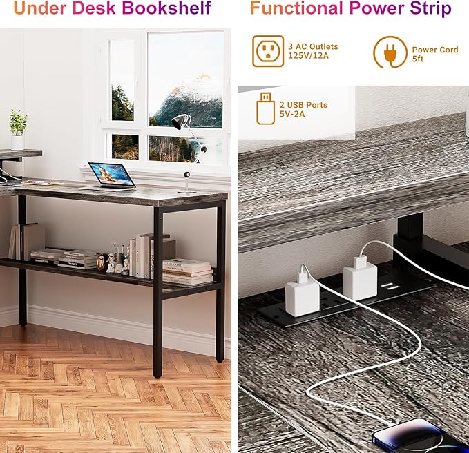 Customizable U Shaped Computer Desk with Adjustable Monitor Stand, Reversible L Shaped Gaming Desk with Power Outlet and Smart LED Light, Sturdy Office Desk with Storage Shelves, Black Oak