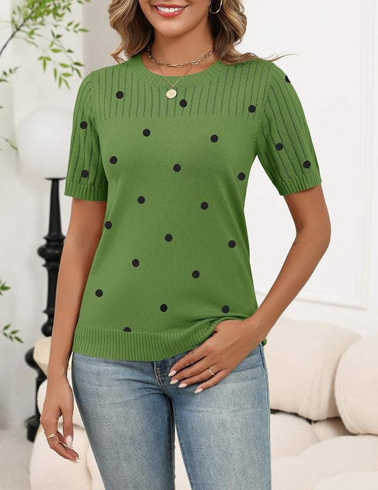 Zeagoo Women's Short Sleeve Sweater Tops 2026 Spring Summer Crew Neck Hollow Out Blouses Dressy Business Casual Outfits
