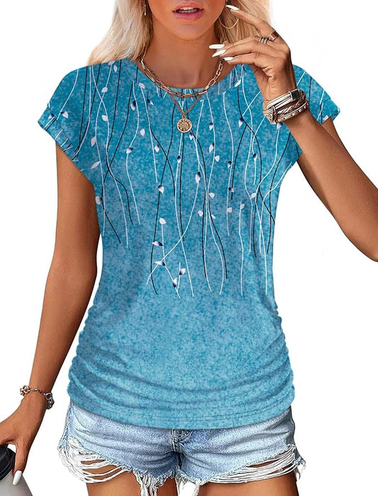 Sampeel Womens Summer Tops Trendy 2026 Ruched Cap Short Sleeve Tshirts Shirts Crew Neck T Shirts Fashion