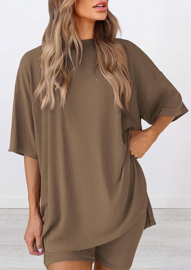 PRETTYGARDEN Women 2 Piece Lounge Set 2026 Summer Casual Oversized Shirts Biker Shorts Matching Airport Travel Outfit Clothes