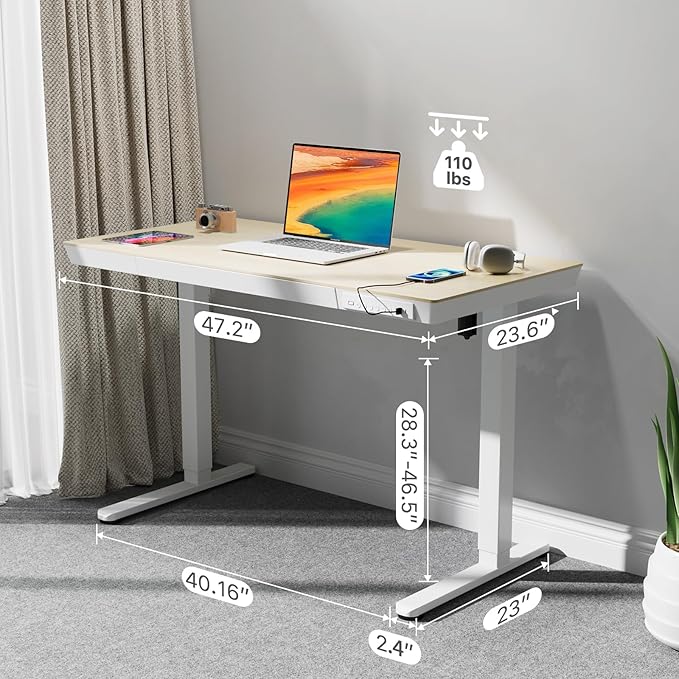 Electric Standing Desk with Drawers, Whole Piece 48 Inches Adjustable Height Desk, Modern Sit Stand Up Desk,Ergonomic Rising Desk for Home Office Workstation, Light Wood