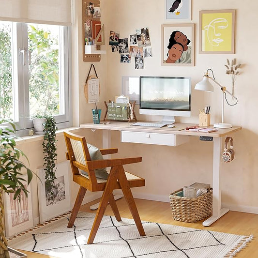 FEZIBO 63 x 24 Inches Standing Desk with Drawer, Adjustable Height Electric Stand up Desk with Storage, Sit Stand Home Office Desk, Ergonomic Computer Desk, Maple