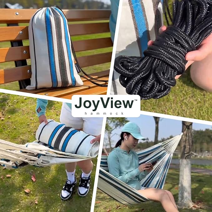 JoyView Brazilian Double Hammock with Hanging Ropes Extra Large 86.6x59” Portable Cotton Hammock for Patio Backyard Porch 450LBS Weight Capacity Perfect for Outdoor/Indoor - Blue & White Stripes