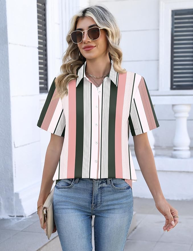 Zeagoo Button Down Shirts for Women Short Sleeve Collared Tops Dressy Casual V Neck Blouses