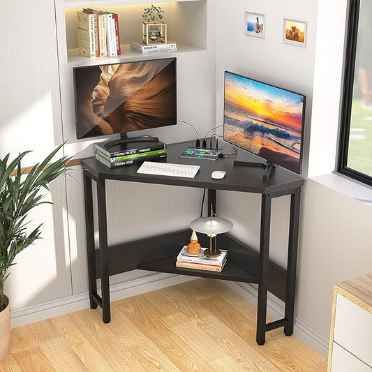 armocity Corner Desk Small Desk with Outlets Corner Table for Small Space, Corner Computer Desk with USB Ports Triangle Desk with Storage for Home Office, Workstation, Living Room, Bedroom, Black