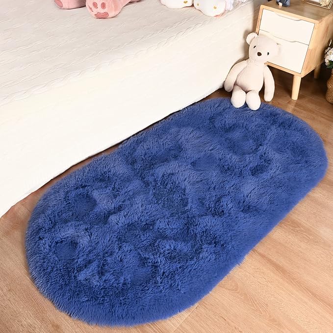 Merelax Soft Shaggy Rug for Kids Bedroom Oval 2.6'x5.3' Light Navy Plush Fluffy Carpet for Living Room, Furry Carpet for Teen Girls Room, Anti-skid Fuzzy Comfy Rug for Nursery Decor Cute Baby Play Mat