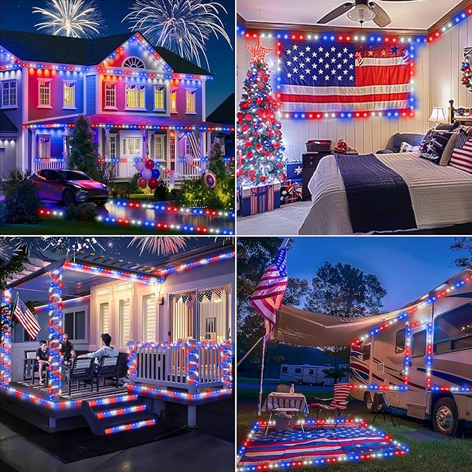 50ft LED Rope Lights Outdoor,360 LED Connectable & Flexible Tube Lights with 8 Modes, Waterproof LED Rope Lighting for Independence Flag Day, Memorial Day, Outdoor,Indoor Decor (Red & White & Blue)