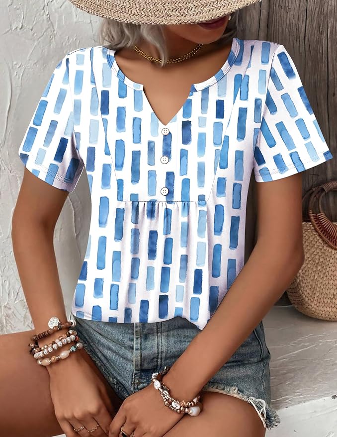 Zeagoo Womens Short Sleeve Tops Summer Henley V-Neck Tshirts Casual Pleated Blouse Dressy Loose Floral Basic Tee