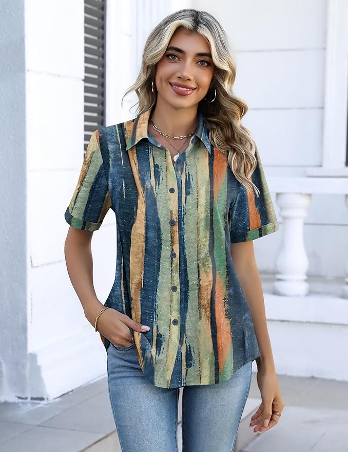 Zeagoo Button Down Shirts for Women Short Sleeve Collared Tops Dressy Casual V Neck Blouses