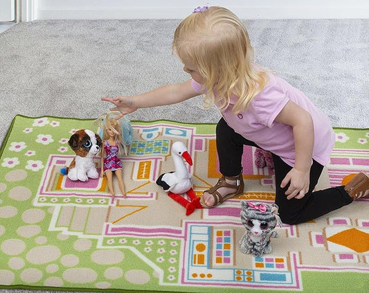 Kids Carpet Playmat Rug Play Time! Fun House Great for Playing with Dolls Mini People Figures Cars, Toys - Play Safe & Have Fun - Children Play Mat, Game Area Includes