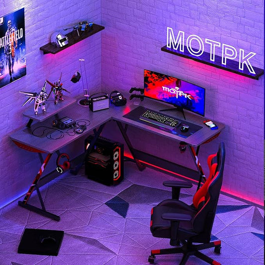 MOTPK L Shaped Gaming Desk with Carbon Fiber Surface, Corner Computer Desk L Shape with Monitor Shelf, Gamer Desk Gaming Table with Cup Holder & Headphone Hook, Black, 51 Inch