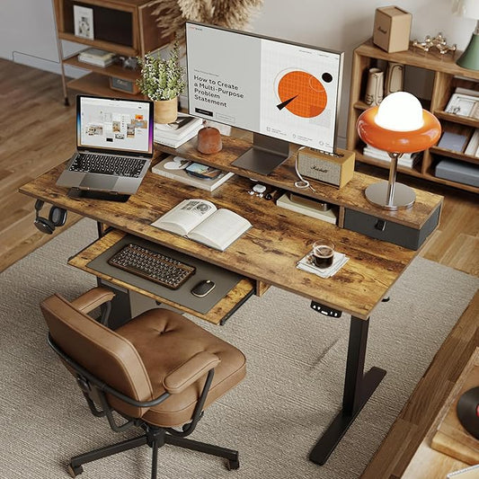 Electric Standing Desk with 2 Drawers and Keyboard Tray, 55 x 24 Inches Ergonomic Adjustable Height Desk with Storage, Sit Stand up Desk Computer Workstation, Rustic Brown
