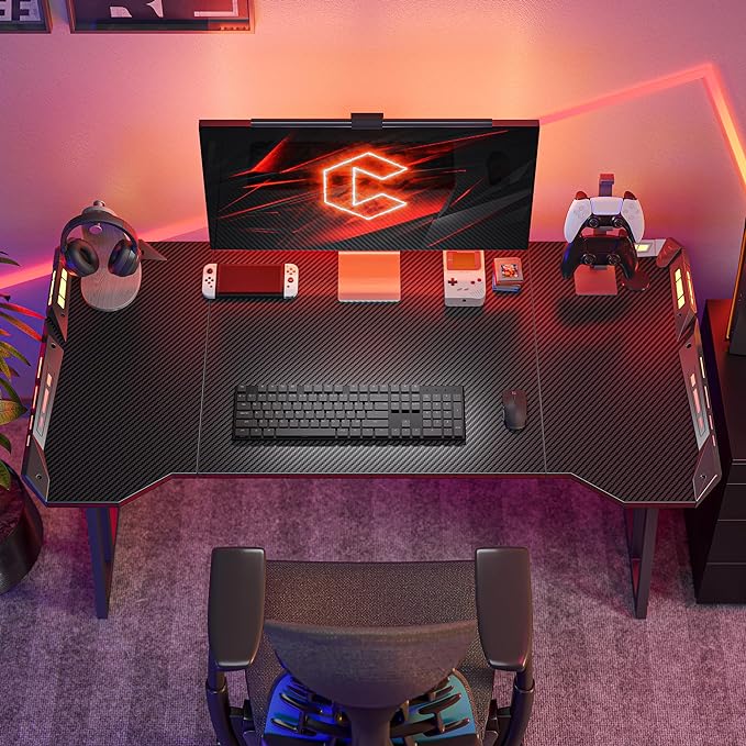 CubiCubi Gaming Desk with LED Lights, 55 Inch Z Shaped Gamer Desk, Home Game Computer Desk with Carbon Fiber Surface, Ergonomic Office PC Workstation with Cable Management, Black