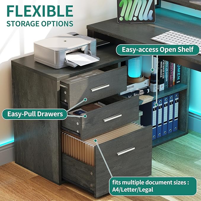 YITAHOME L Shaped Desk with Power Outlets & LED Lights & File Cabinet, 55" Corner Computer Desk with 3 Drawers and 2 Storage Shelves, Home Office Desk with Monitor Stand, Grey