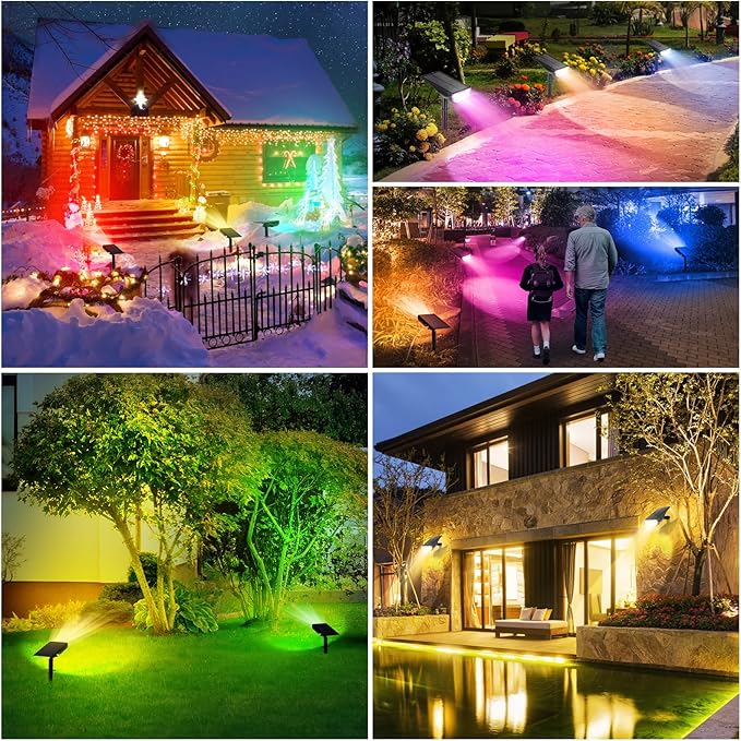 TOBUSA Solar Spot Lights Outdoor Waterproof, RGB Solar Color Changing Lights with 9 Lighting Modes, Multi-Color Solar Powered Landscape Spotlights for Holiday Decorations Yard Garden Pathway, 2-Pack