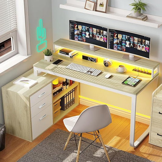 YITAHOME L Shaped Desk with Power Outlets & LED Lights & File Cabinet, 55" Corner Computer Desk with 3 Drawers & 2 Storage Shelves, Home Office Desk with Monitor Stand, Oak & White