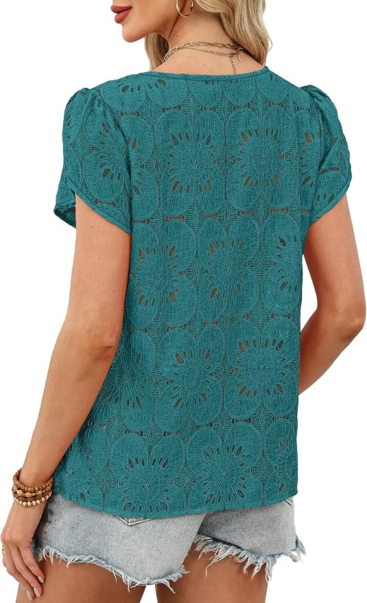 OFEEFAN Blouses for Women Dressy Casual Petal Short Sleeve Shirts Crochet Lace Boho Tops Spring Fashion Summer Outfits