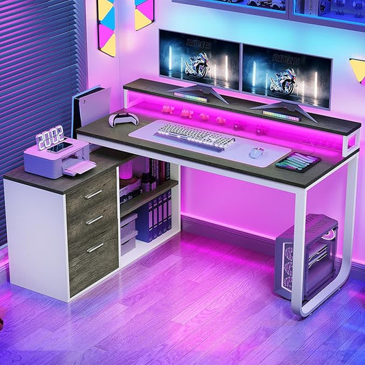 YITAHOME L Shaped Desk with Power Outlets & LED Lights & File Cabinet, 55" Corner Computer Desk with 3 Drawers & 2 Storage Shelves, Home Office Desk with Monitor Stand, White & Grey