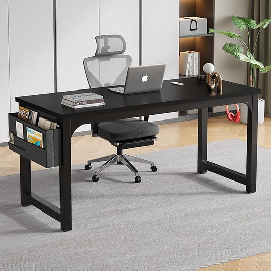 63 Inch Large Computer Desk Writing Study Work Office Table Home Office Desk Moderm Gaming Desk Simple Workstation with Storage Bag and Iron Hook - Black