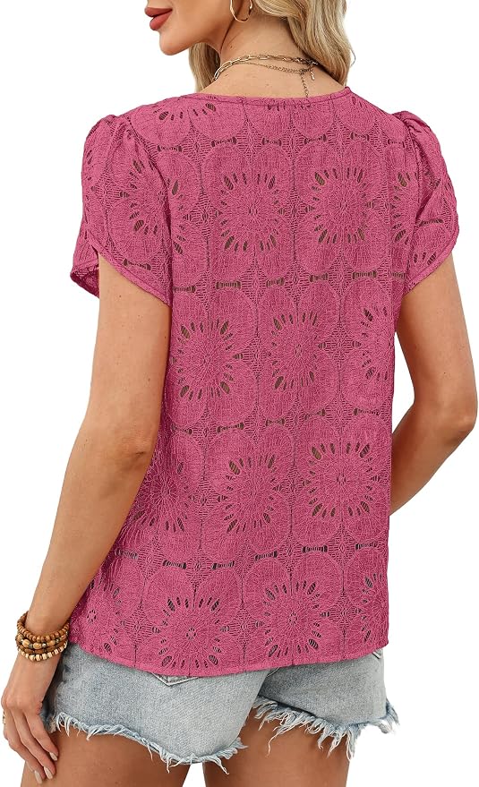 OFEEFAN Blouses for Women Dressy Casual Petal Short Sleeve Shirts Crochet Lace Boho Tops Spring Fashion Summer Outfits