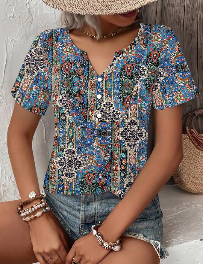 Zeagoo Womens Short Sleeve Tops Summer Henley V-Neck Tshirts Casual Pleated Blouse Dressy Loose Floral Basic Tee