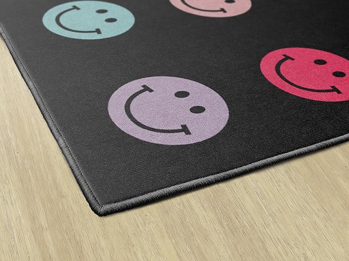 Flagship Carpets Schoolgirl Style Rainbow Smileys in Black Criss-Cross Applesauce Educational Area Rug for Kids Room, Children's Classroom for Teaching and Playroom, 5' x 7'6", Black & Multi, Seats 20