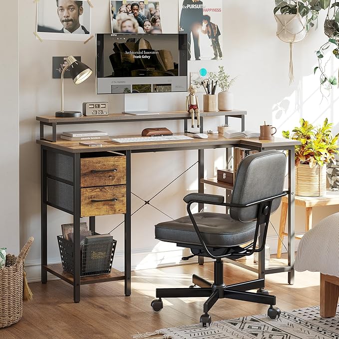 CubiCubi L Shaped Computer Desk with Monitor Stand & Shelves, 47 Inch Corner Home Office Desk Writing Table with Storage Drawer, Brown