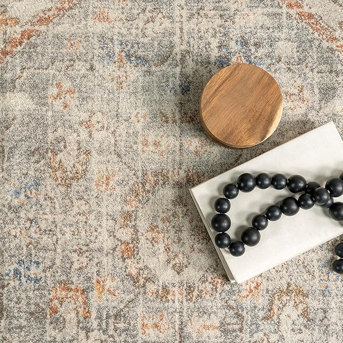 nuLOOM 2x10 Machine Washable Rain Haven Vintage Medallion Area Rug, Light Grey, Traditional Faded Design, Non-Slip Backing, Stain Resistant, For Bedroom, Dining Room, Living Room, Kitchen
